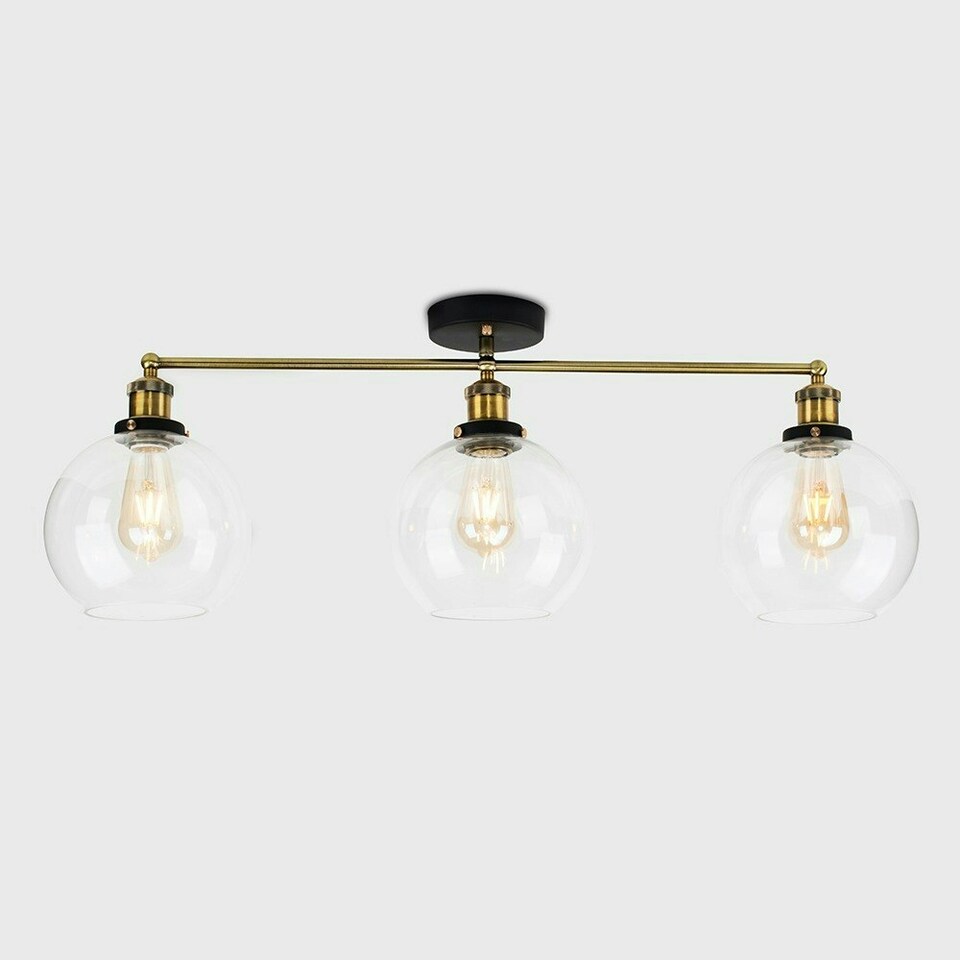 image 1 of ValueLights Retro 3 Way Black And Gold Steampunk Ceiling Light Fitting With Glass Shades