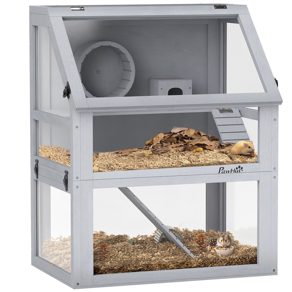 image 1 of PawHut Wooden Hamster Cage, 3 Tier Gerbil Cage with Detachable 32cm Deep Bottom, Hut, Seesaw, Exercise Wheel, Ramps, Light Grey