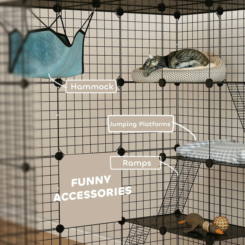 image 1 of PawHut DIY 4 Tier Cat Cage Indoor with Hammock, Ramps, Doors, for 1-3 Cats
