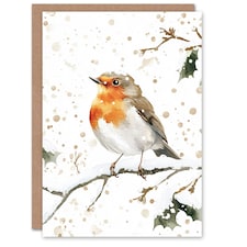 Robin Bird Perched Snow Covered Branch Blank For Him Or Her Art Xmas Festive Christmas Card