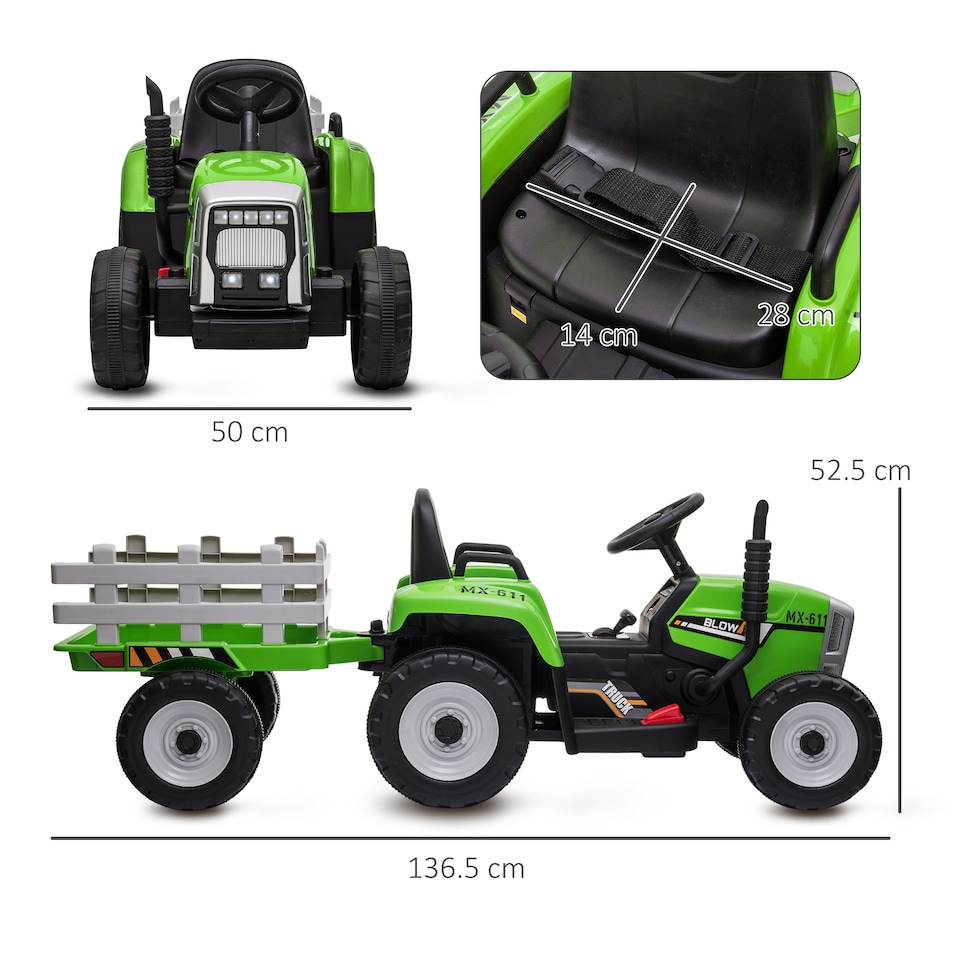 image 1 of HOMCOM Kids Electric Car, 12V Electric Ride on Tractor and Trailer with Detachable Trailer Remote Control, USB, Horn, Lights, Start-Up Sound, for Ages 3-6 Years, Green