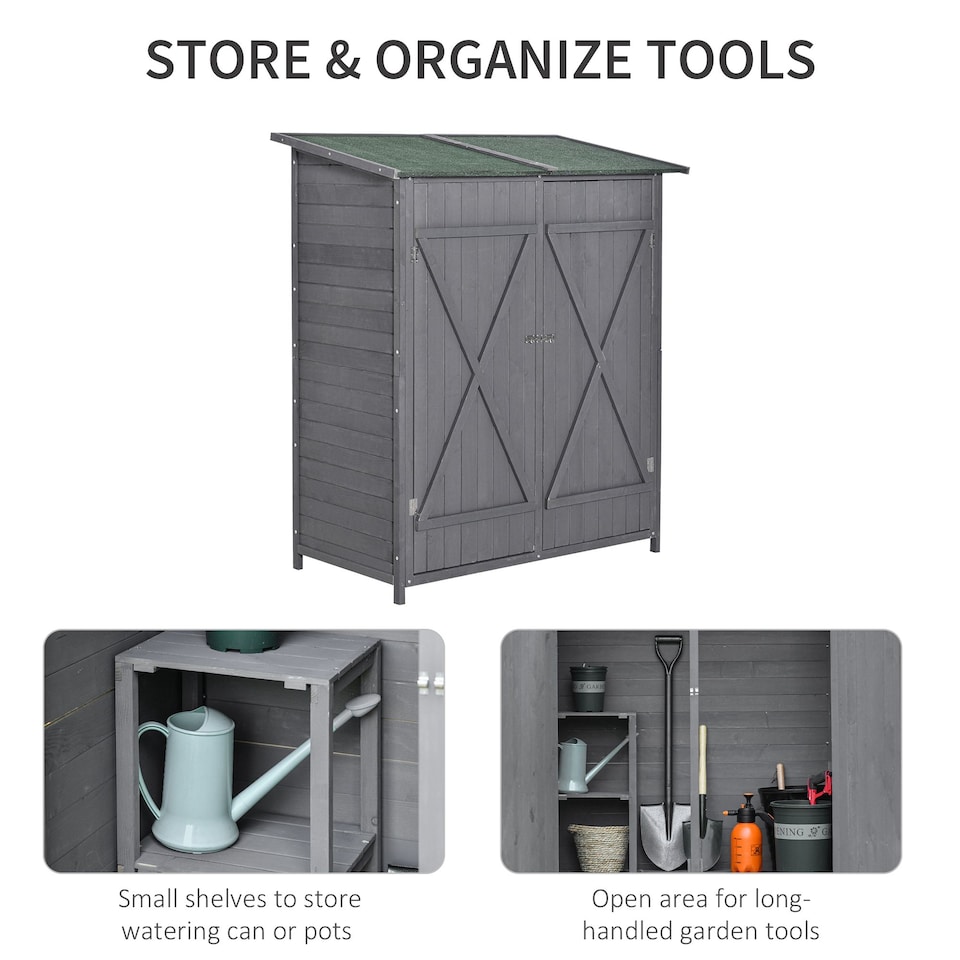 image 1 of Outsunny Small Shed, Wooden Garden Shed with Flexible Table, Hooks and Ground Nails, Lockable Tool Shed with Asphalt Roof, 140 x 75 x 157cm, Grey