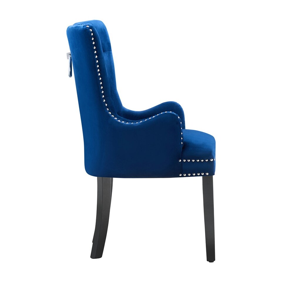 image 1 of Set of 4 Velvet Dining Chairs with Armrest, Ergonomic Scoop Knockerback & Button Tufted Wood Legs Blue