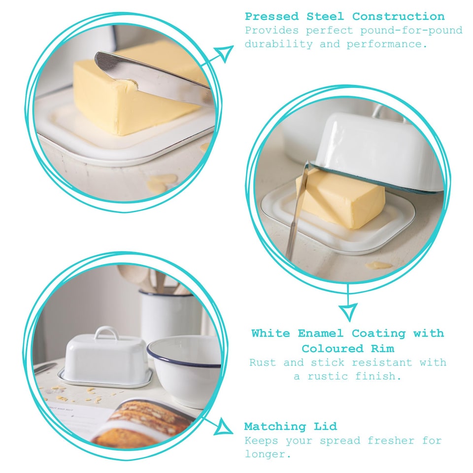 image 1 of Argon Tableware White Enamel Butter Dish - 18.5cm x 10cm - Green | White | Green