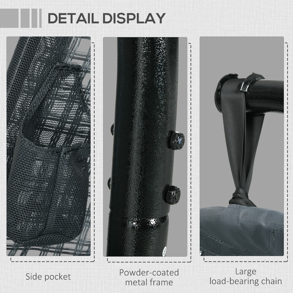 image 1 of Outsunny Outdoor Swing Chair with Thick Padded Cushion, Patio Hanging Chair with Metal Stand, Egg Chair with Foldable Basket, Cup Holder, for Indoor and Outdoor, Dark Grey | Grey | Dark Grey