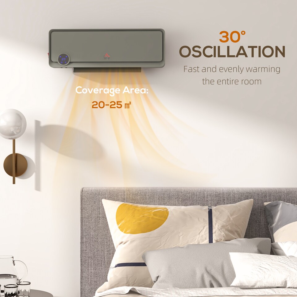 image 1 of HOMCOM Wall Downflow Heater 2 Heat and Fan 1000W2000W, Electric Space Heater with Timer Remote Oscillating, for Bedroom Home Office, Grey