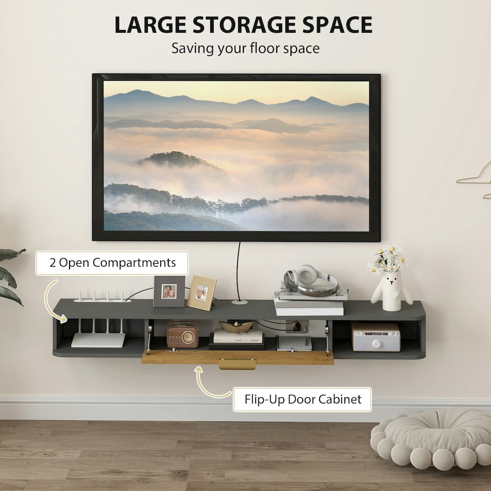 image 1 of HOMCOM 140 cm Floating TV Unit with Storage Entertainment Media Console Grey 