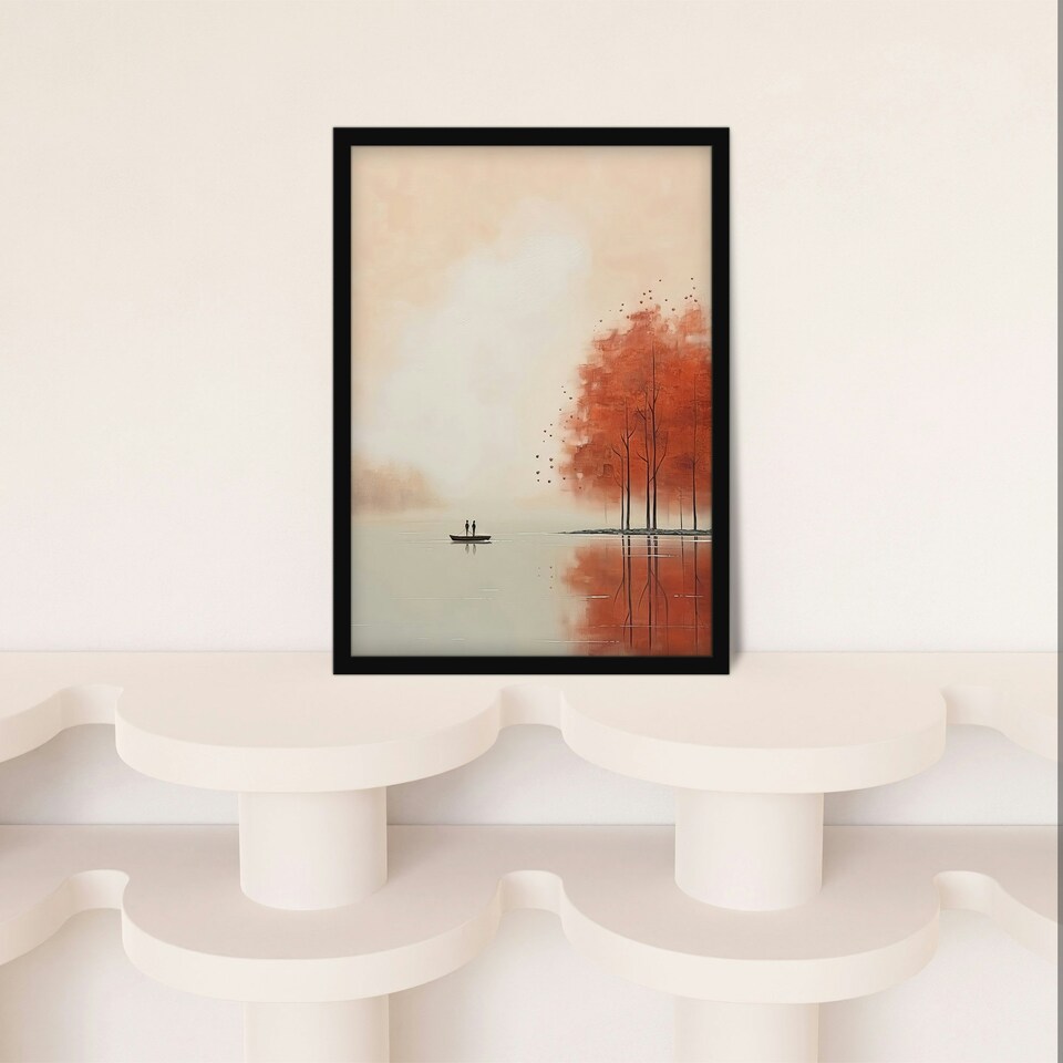 image 1 of Boating On Autumn Lake Calm Peaceful Home Decor Black Framed Wall Art Print A4