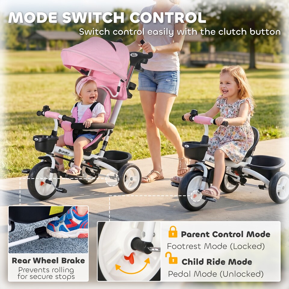 image 1 of HOMCOM 6 in 1 Trike for Toddler 1-5 Years with Parent Handle, Pink