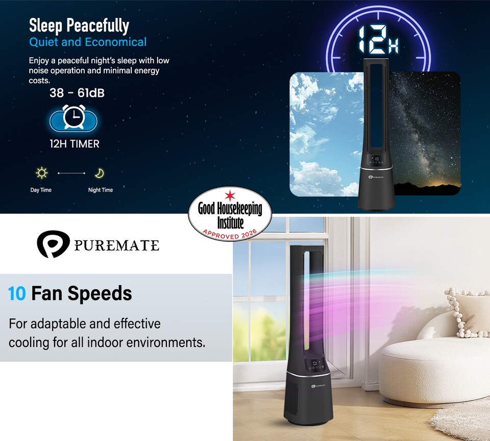 image 1 of PureMate 42-Inch Bladeless Tower Fan with Air Purifier - Black