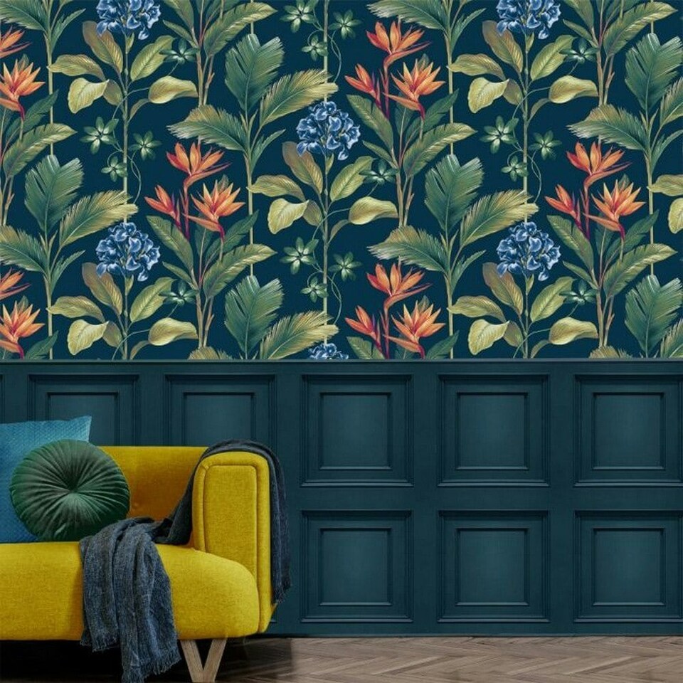 image 1 of Belgravia Oliana Floral Wallpaper - Navy/Green - 10m x 53cm | Blue