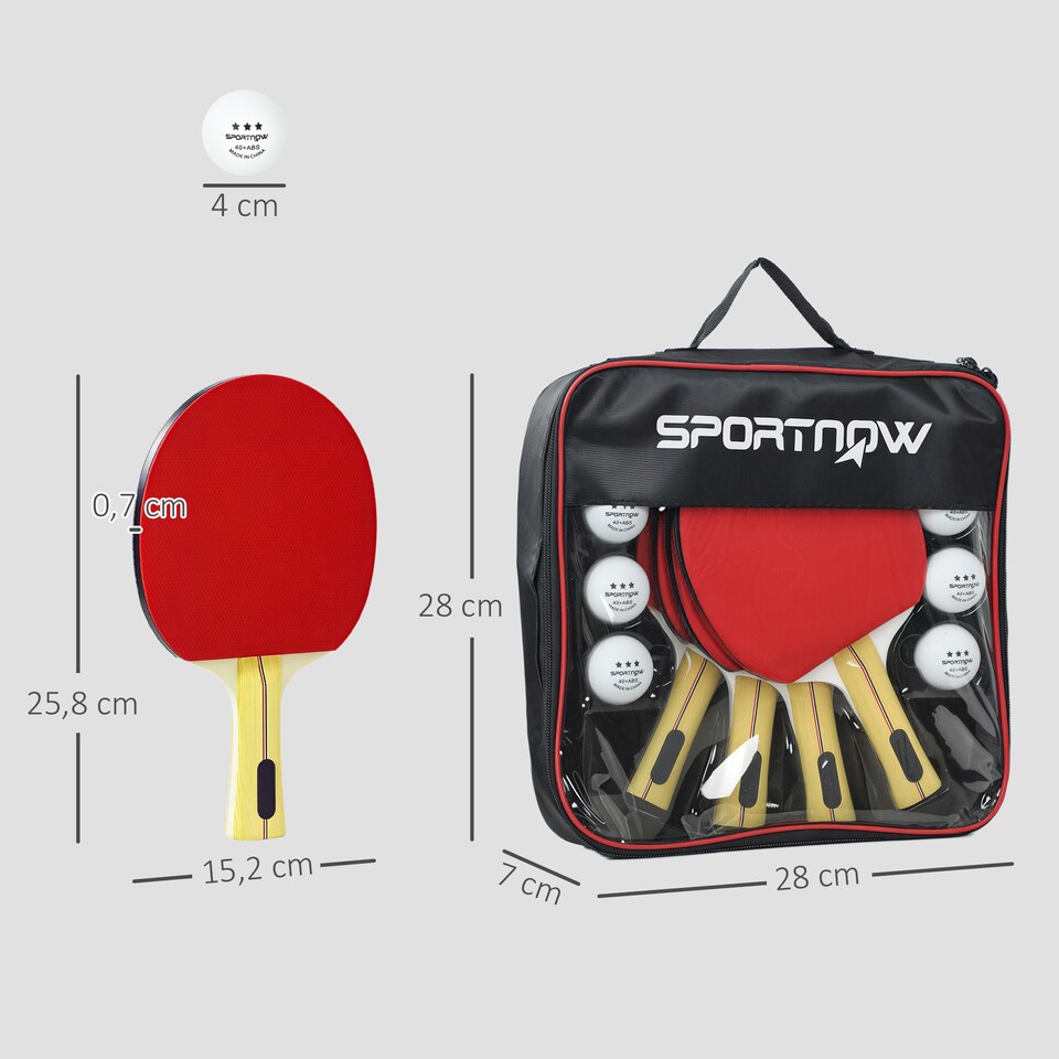 image 1 of SPORTNOW Table Tennis Rackets, Portable Table Tennis Set w/ 4 Bats, 8 Balls | Red | Black and red | 25.8L x 15.2W x 0.7H cm