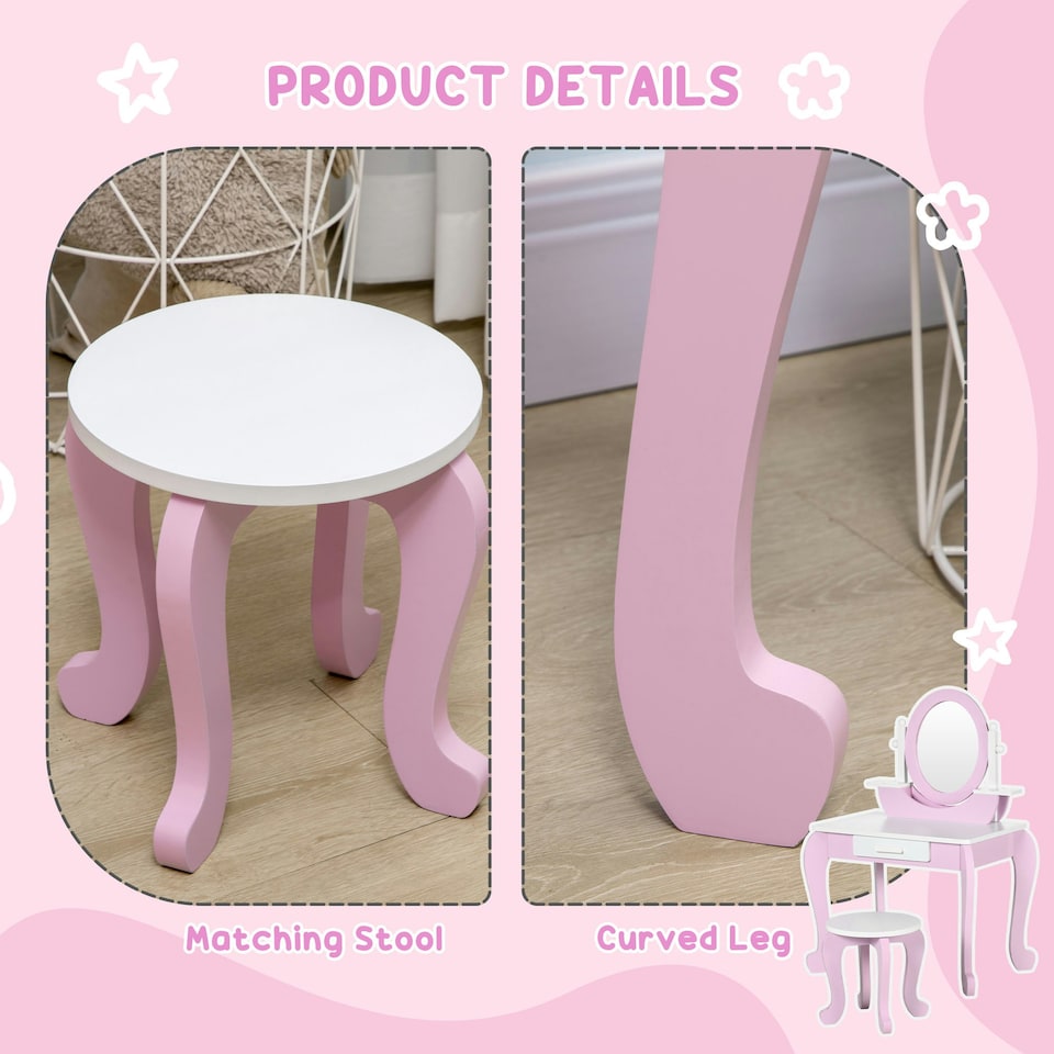 image 1 of ZONEKIZ Kids Dressing Table Set, Kids Vanity Set w/ Drawer - Pink Pink | White