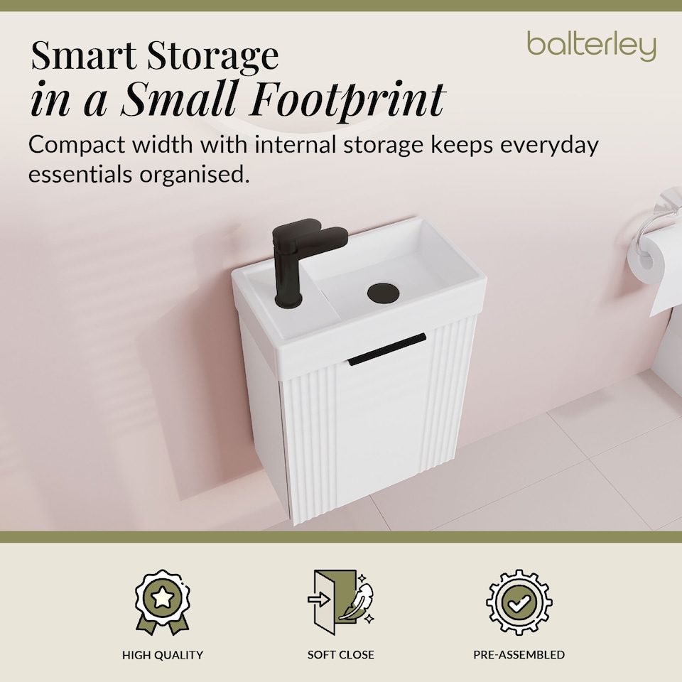 image 1 of Balterley Wall Hung Cloakroom Vanity Basin Unit with Handle Compact Bathroom Storage | White | Satin White | 438 x 400 x 222mm | 1
