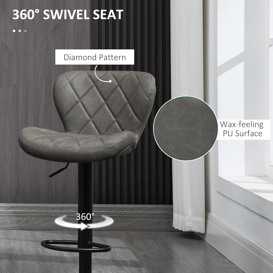 image 1 of HOMCOM Bar Stools, Set of 2 Breakfast Bar Chairs, Swivel Barstools with Backrest and Footrest, Steel Frame Diamond Pattern PU, for Kitchen Counter, Dining Room, Dark Grey