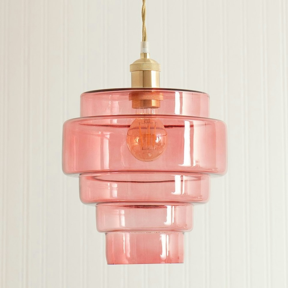 image 1 of ValueLights Lane Pink Glass 5 Tier Layered Easy Fit Ceiling Pendant Lamp Shade with LED Bulb Pink