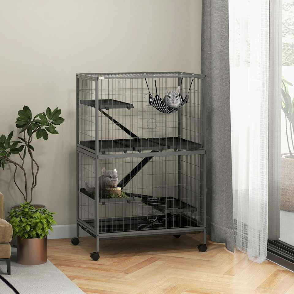 image 1 of PawHut Small Animal Cages for Chinchilla Ferret Kitten on Wheels W/ Hammock Tray