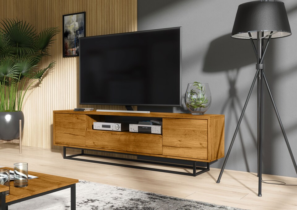 image 1 of TV Unit Sideboard Cabinet Storage Cabinet Oak Black Metal Frame Loft 200cm
