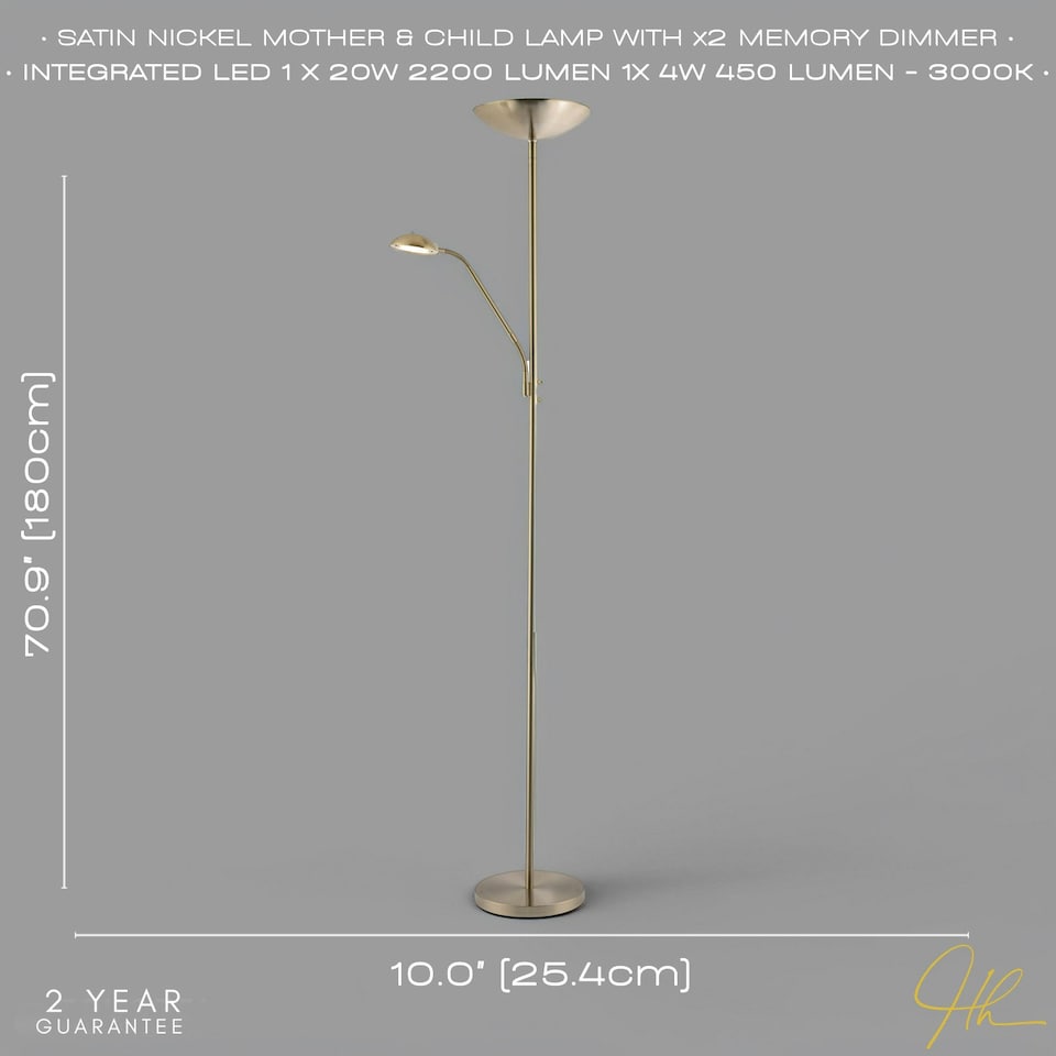 image 1 of Sleek LED Mother and Child Floor Lamp in Satin Nickel with Memory Dimmer Buttons