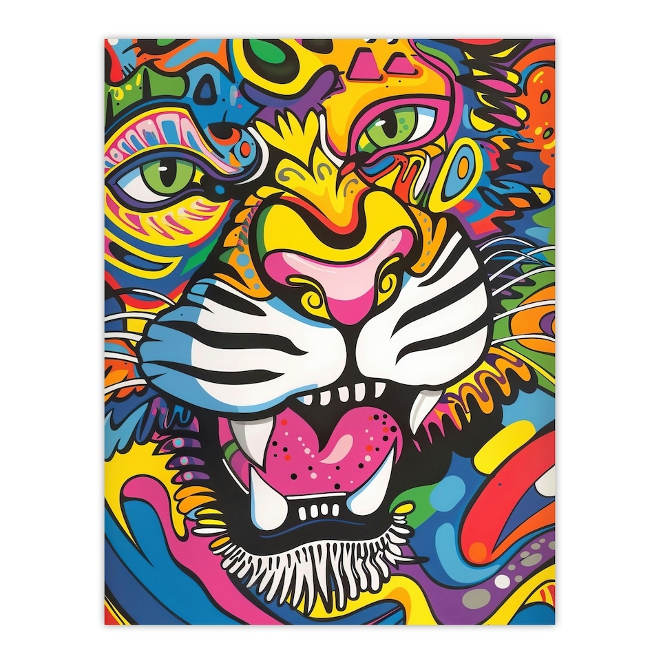image 1 of Colourful Arty Tiger Portrait Fun Bold Hippy Black Framed Wall Art Print A4