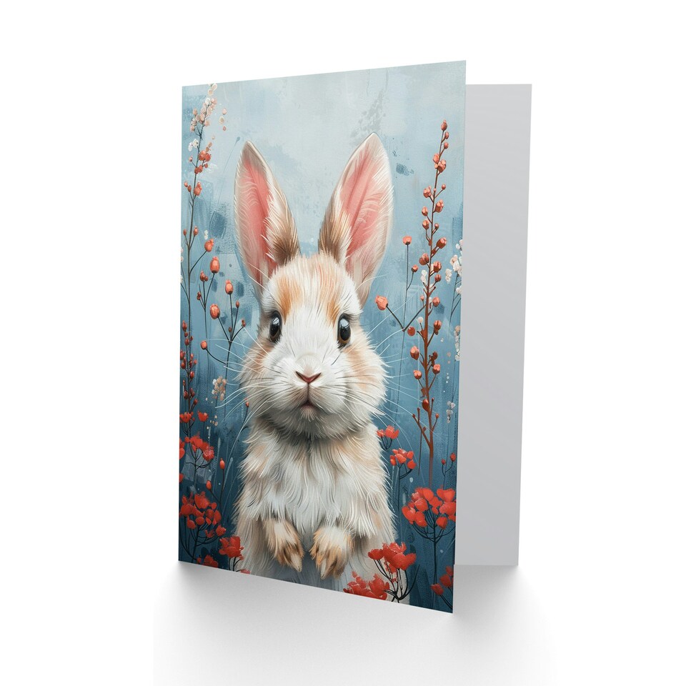 image 1 of Cute Bunny Red Wildflowers Girl Boy Kids Daughter Son Birthday Card