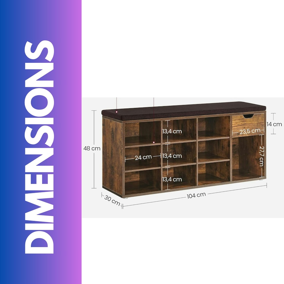 image 1 of 10 Compartment Shoe Storage Bench Industrial Rustic Brown Brown