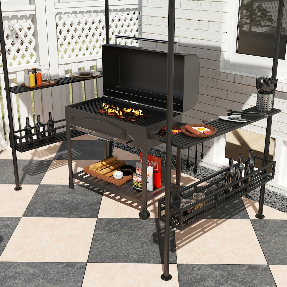 image 1 of Outsunny 8' x 5' Grill Gazebo Canopy with 2 Side Shelves, Hook, Dark Grey