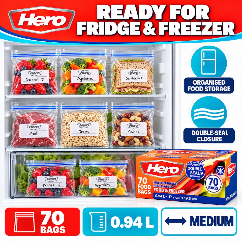 image 1 of Hero 70 Medium 1L Resealable Freezer Bags – Reusable Ziplock Food Storage Bags with Write-On Label – BPA Free Sandwich & Freezer Bags