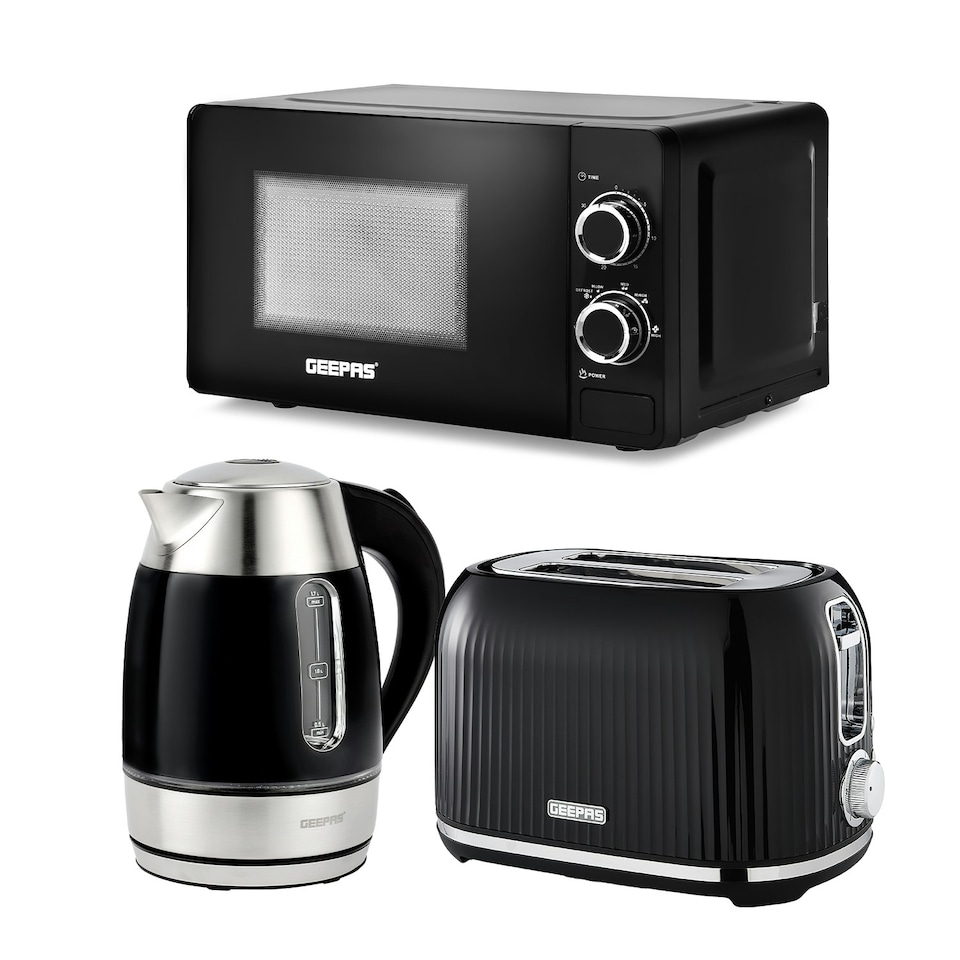 GEEPAS  3-Piece Kitchen Set 1.7L Kettle 2 Slice Toaster and 20L Microwave set Black
