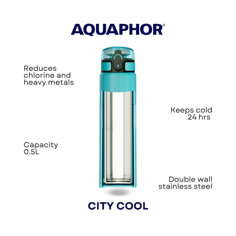 image 1 of AQUAPHOR Double Wall Insulated Stainless Steel City Cool Bottle with City Filter in Fresh Teal
