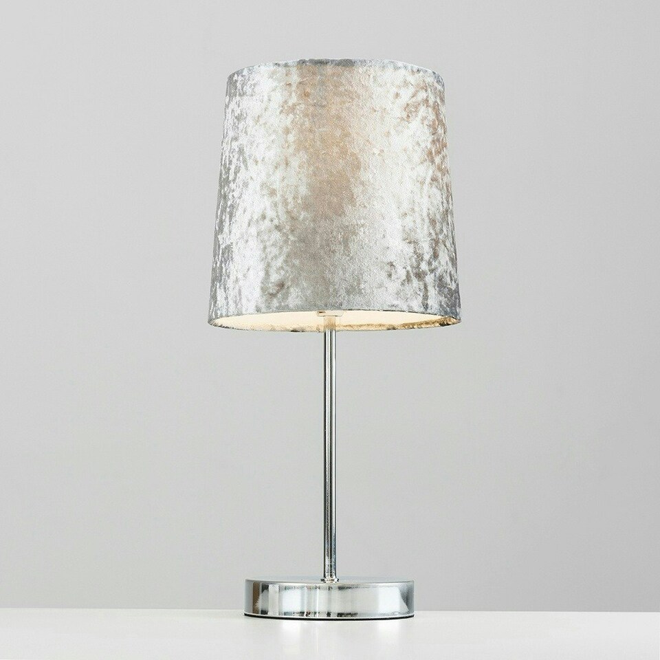 image 1 of ValueLights Polished Chrome Table Lamp with a Silver Grey Velvet Shade - Complete with a 4w LED Bulb 3000K Warm White