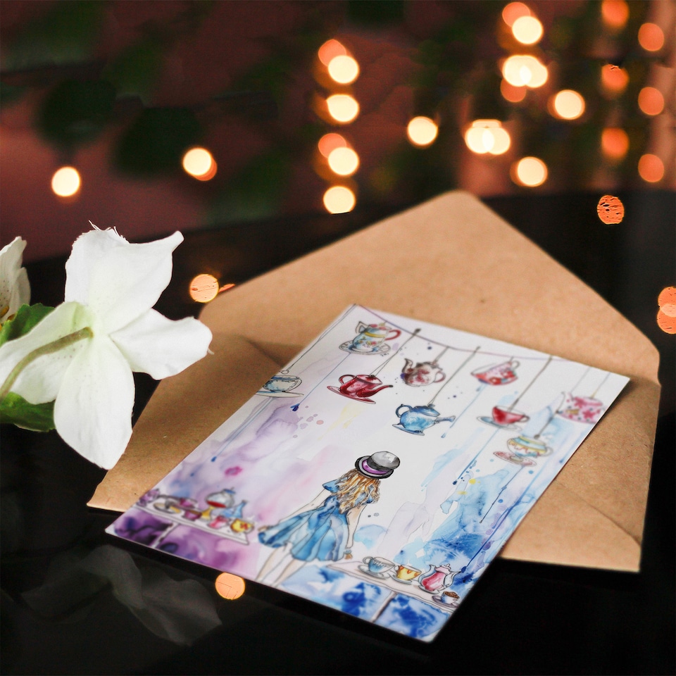 image 1 of Greeting Card Alice Wonderland Mad Hatter Tea Party Watercolour