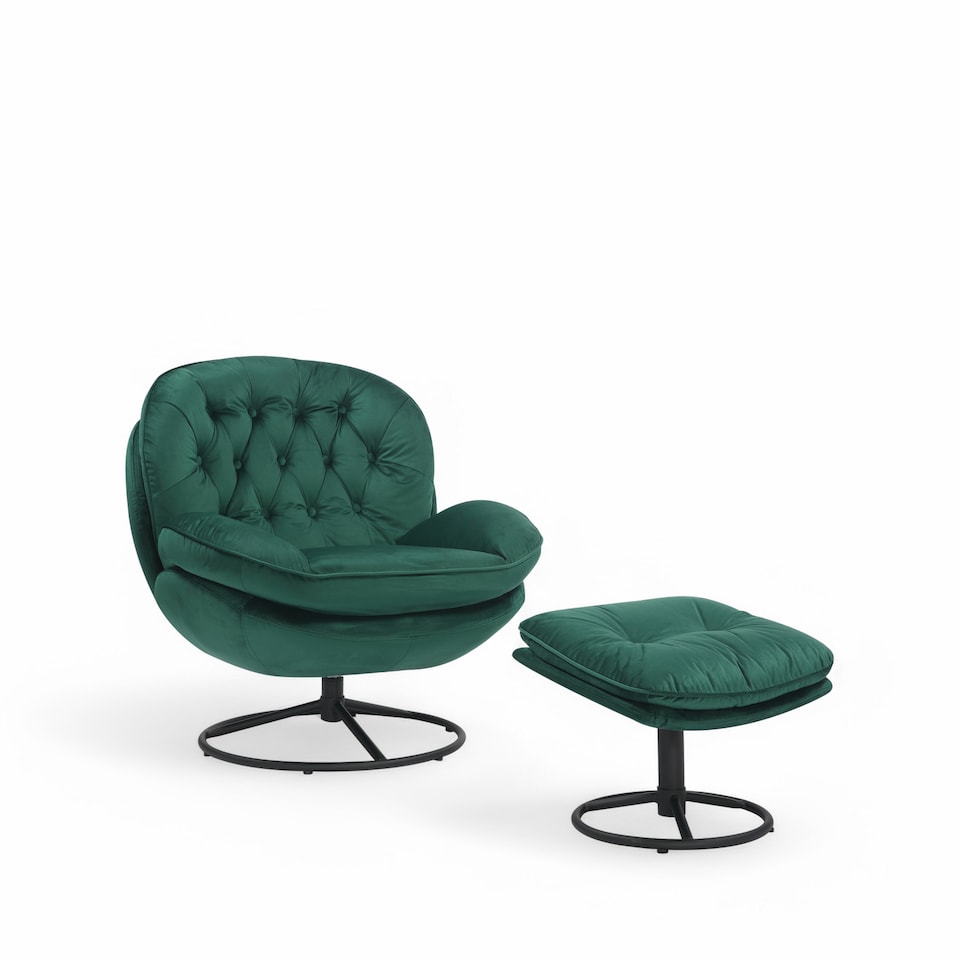 image 1 of Velvet Emerald Green Azura Swivel Accent Chair with Footstool