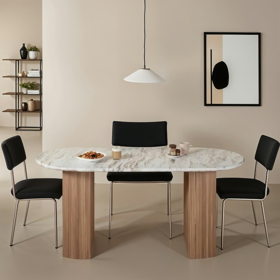 image 1 of Bundi Natural Marble & Wood Pedestal 6-8 Seater Dining Table Brown