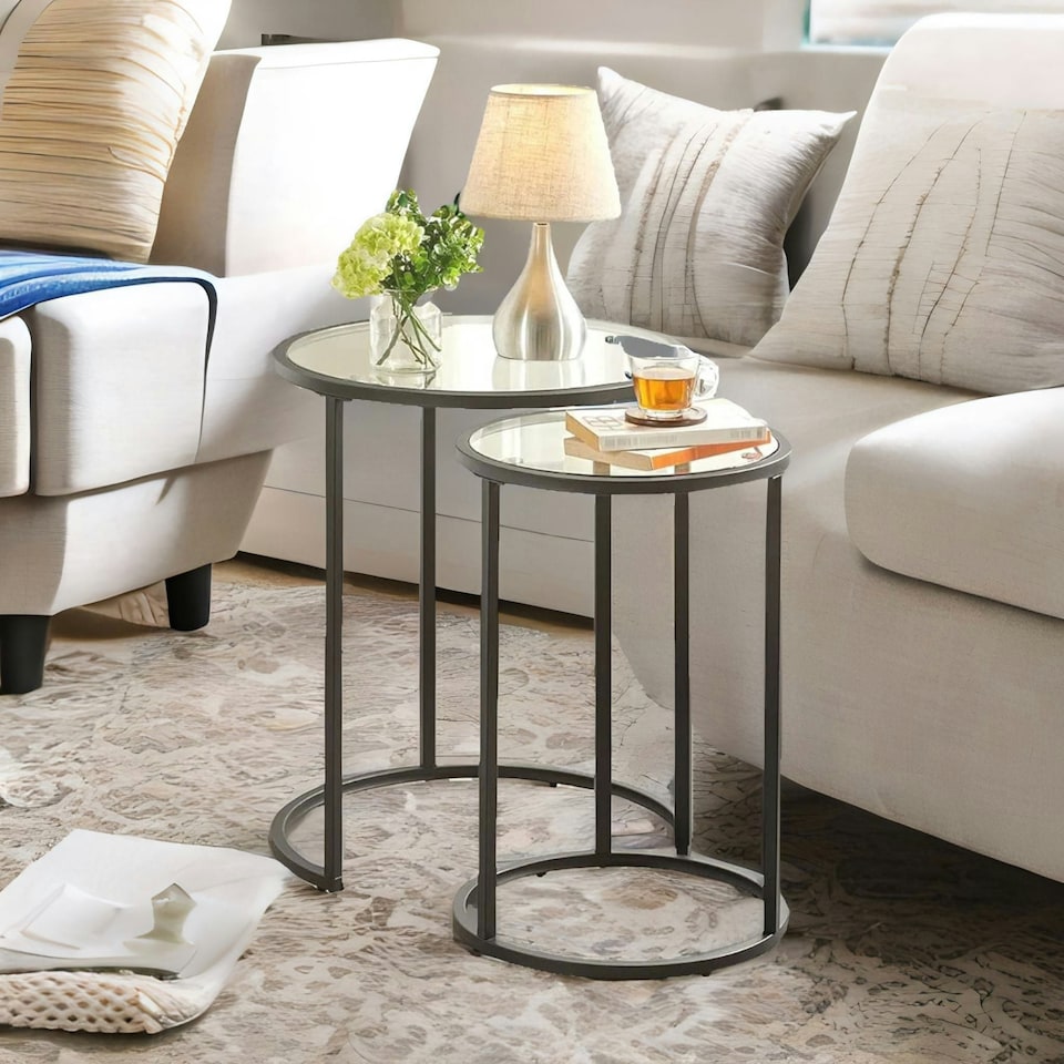 image 1 of Set Of 2 Round Nesting Coffee Tables With Tempered Glass Top Black Black