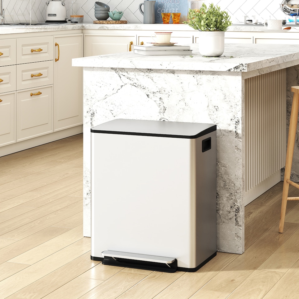 image 1 of HOMCOM Dual Kitchen Bin, 2 x 25L Stainless Steel Double Pedal Bin with Soft-Close Lid, Removable Inner Buckets and Handles for Recycling and Waste, Silver