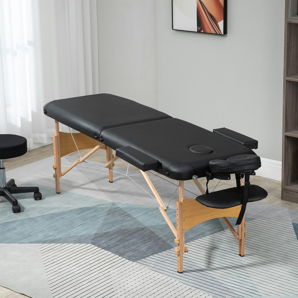 image 1 of HOMCOM Wooden Folding Spa Beauty Massage Table w/ 2 Sections, Carry Bag, Black