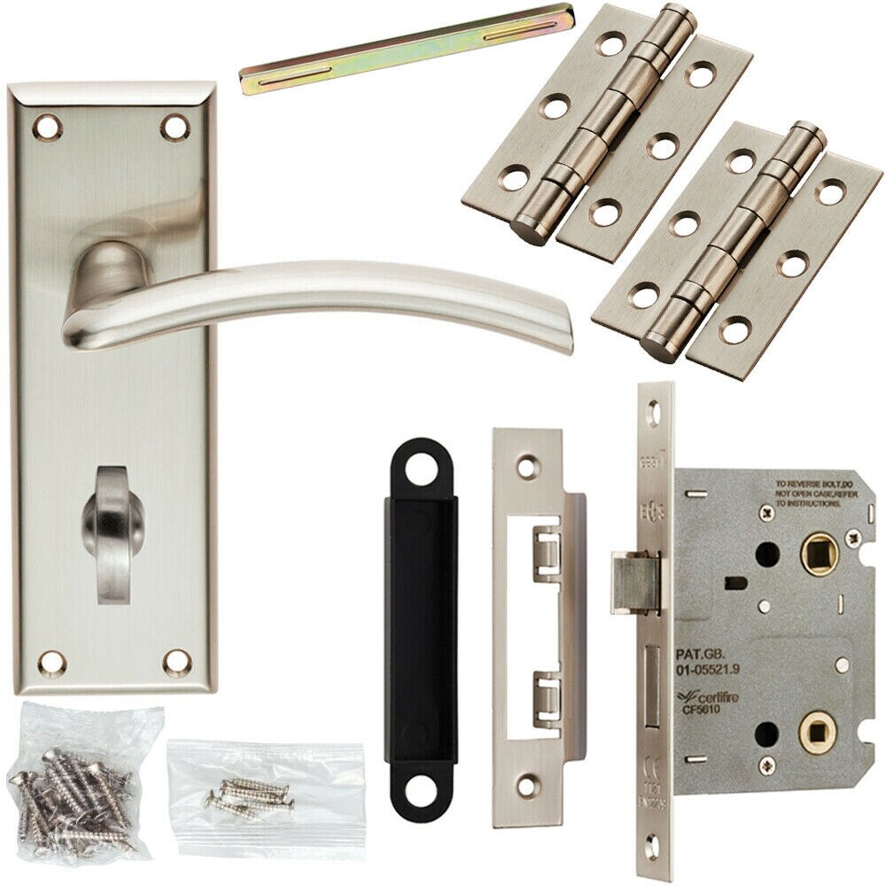 Loops Door Handle & Bathroom Lock Pack Satin Nickel Curved Arched Lever Backplate in Metallics