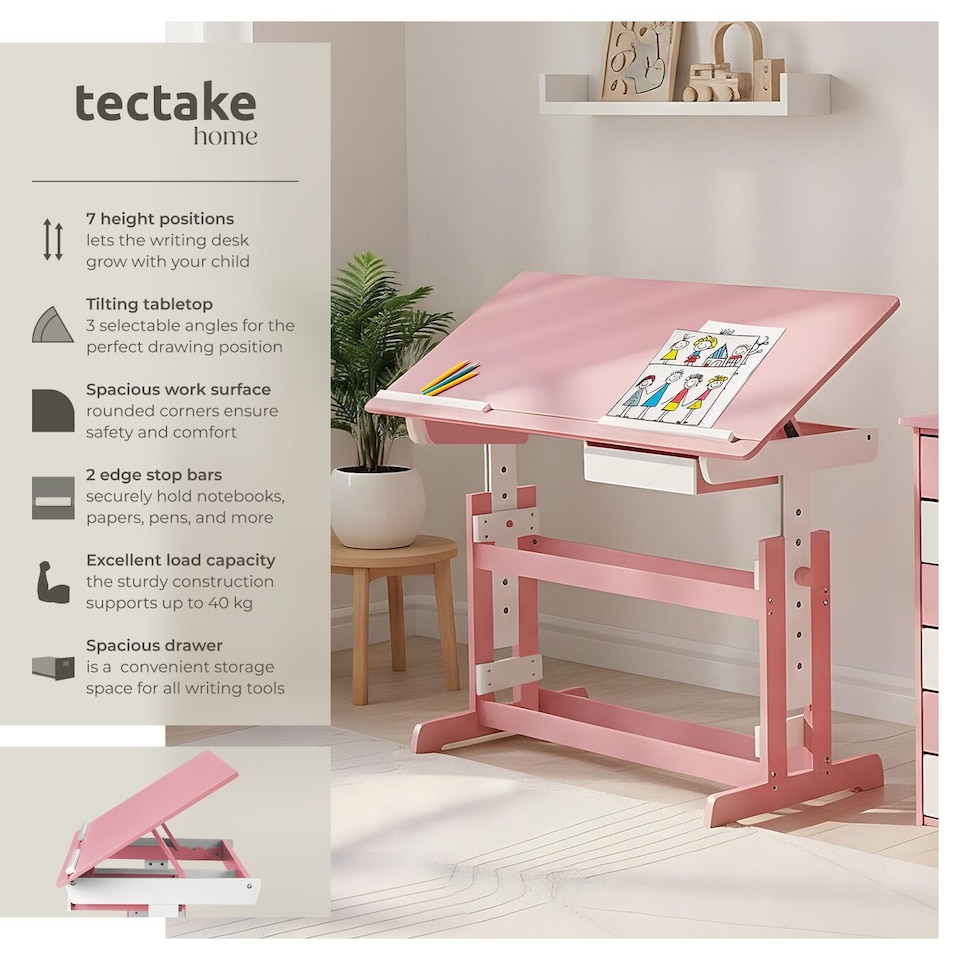image 1 of Desk - for children, wooden, tiltable tabletop, 7 height settings, with drawer | Pink | pink | 109 x 55 x 94 cm | 1