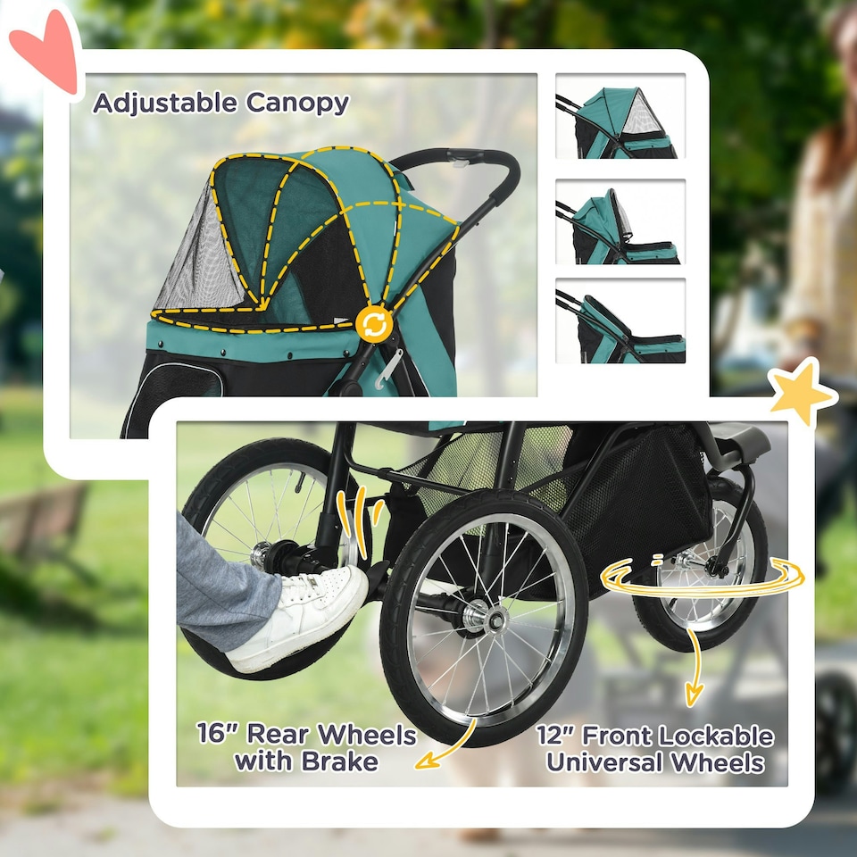 image 1 of PawHut 3 Wheel Pet Stroller, for Medium Small Dogs, Foldable Cat Pram - Green