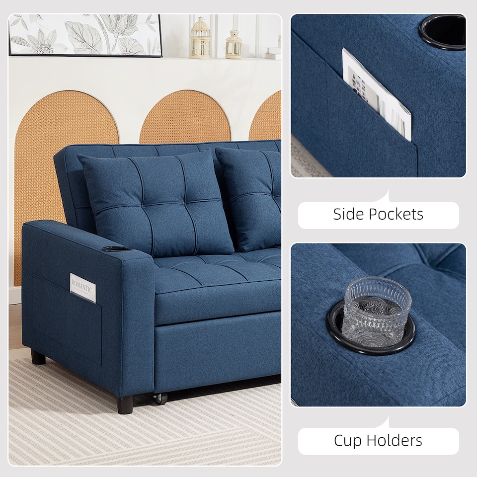 image 1 of HOMCOM 2 Seater Sofa Bed, Linen Click Clack Sleeper Sofa with Pull Out Design, 2 Pillows, Cup Holders, Side Pockets, Convertible Loveseat Bed Settee for Living Room, 157x190cm, Dark Blue
