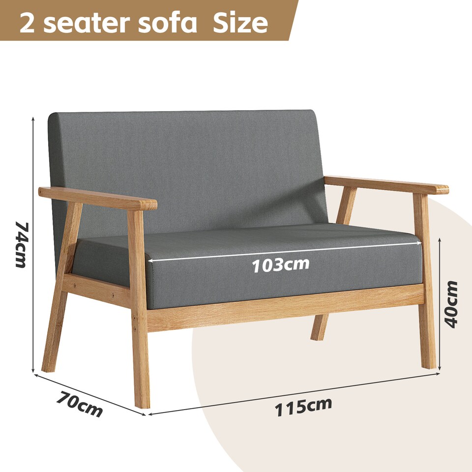 image 1 of 2 seater Linen Fabric Wooden sofa With Comfortable Padded Settee Country