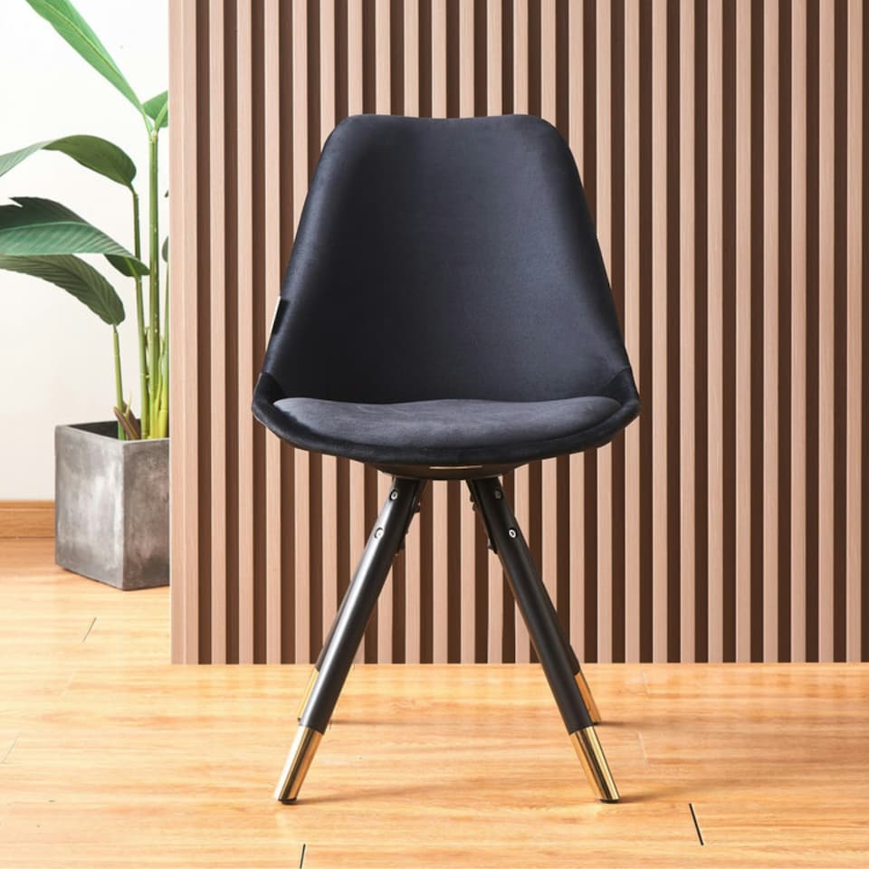 image 1 of Set of 6 Sofia Ergonomic Modern Dining Chairs Upholstered in Velvet, Metal Legs with Gold End Tips Black