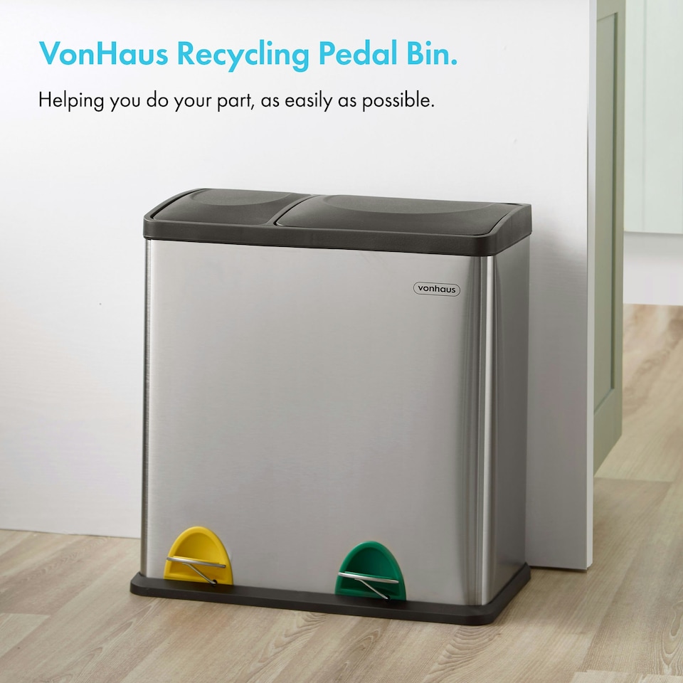 image 1 of VonHaus 36L Kitchen Bin, 2 Compartment Recycling Bin (1 x 24L, 1 x 12L) | Chrome