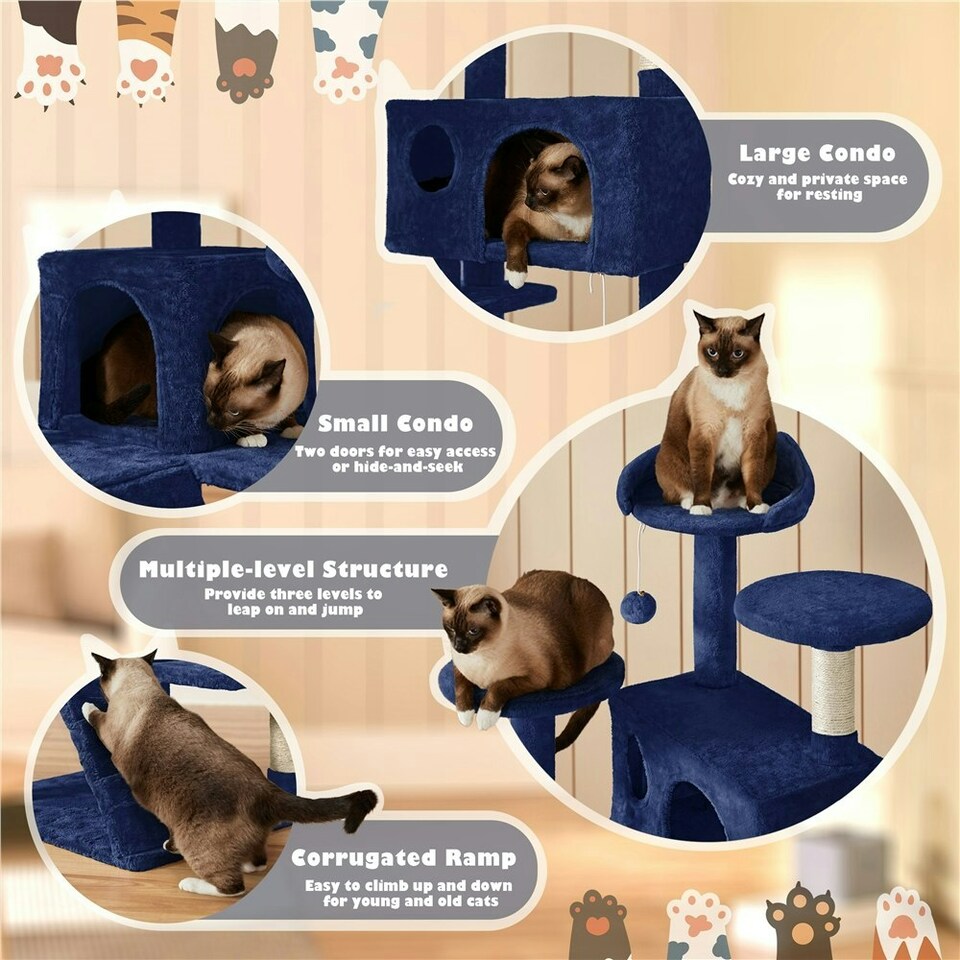 image 1 of Yaheetech 137cm Tall Cat Tree with Scratching Posts Navy Blue
