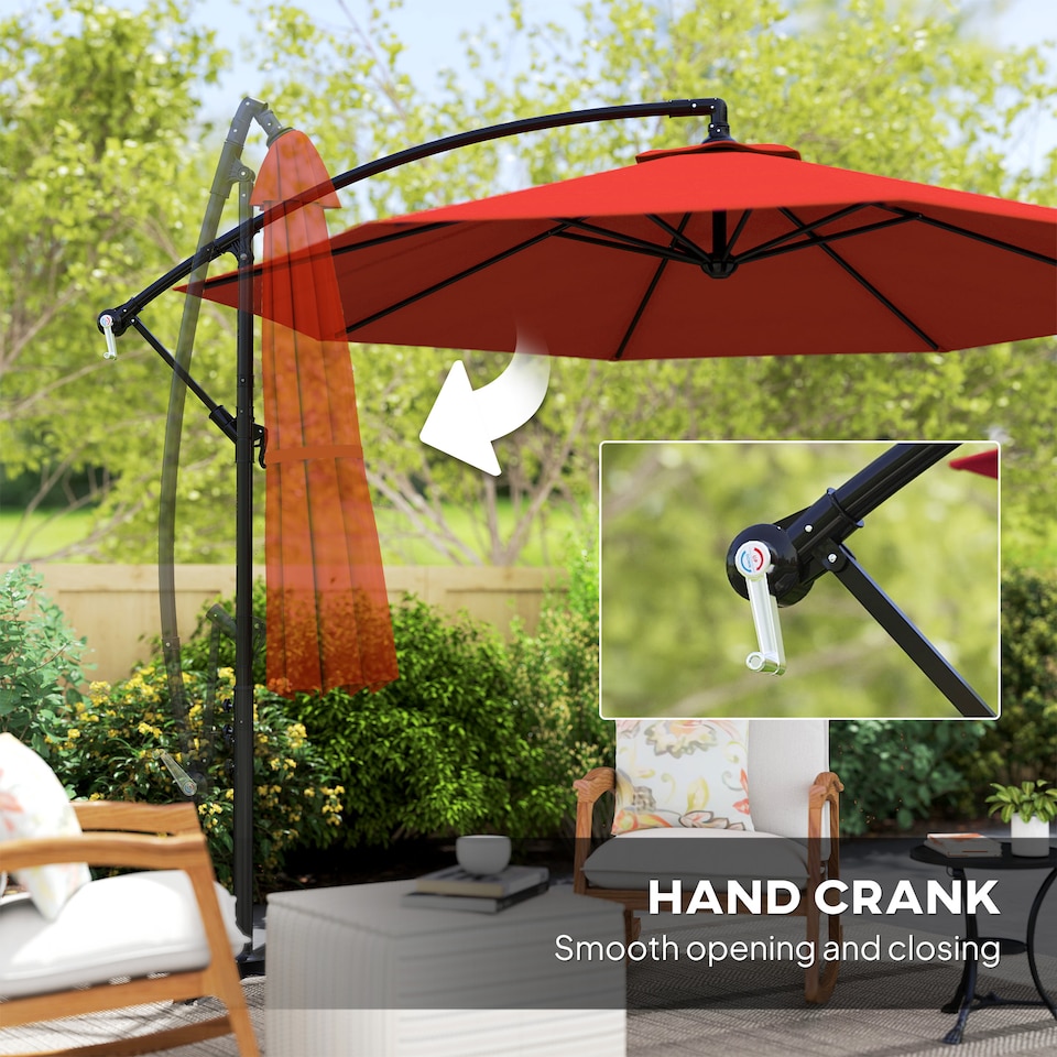 image 1 of Outsunny 3m Garden Banana Parasol Hanging Cantilever Umbrella with Crank Handle, 8 Ribs and Cross Base for Outdoor, Sun Shade, Wine Red