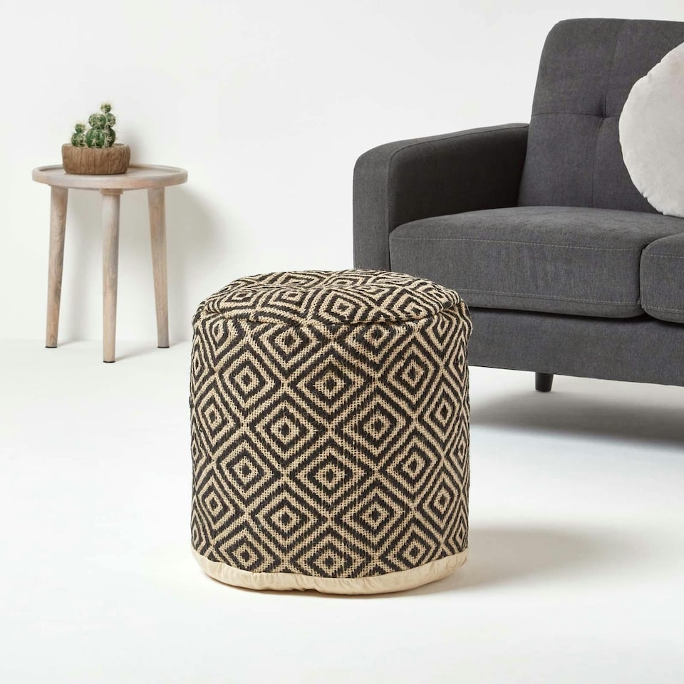 image 1 of Homescapes Black and Cream Aztec Style Jute Footstool Beanbag Round - 45 x 40 cm | Black | 45 x 40 cm