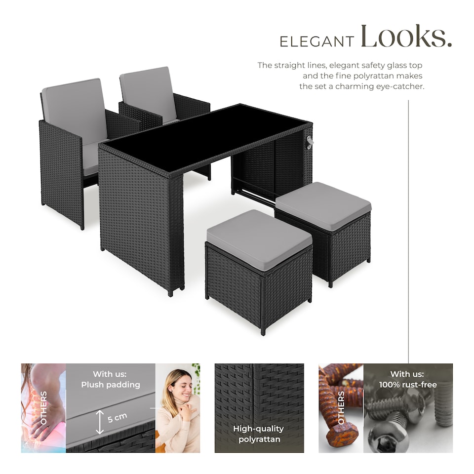 image 1 of Garden Table and Chairs Palermo - up to 4 people, chairs, stools and table, weather and UV-resistant | Black | black/grey | 202 x 130,50 x 92,50 cm | 1