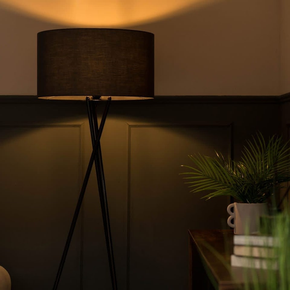 image 1 of ValueLights Camden Black Tripod Floor Lamp Charcoal Shade & Bulb | Grey