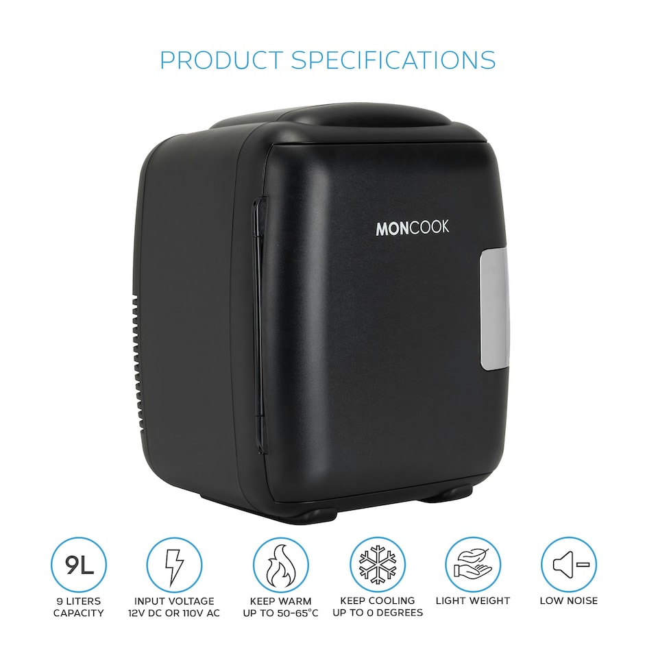 image 1 of MONCOOK Mini Fridge For Bedrooms - Small, Portable & Quiet Mini Fridges For Skincare, Medicine, Food & Drinks - Cooling & Warming Function- 9L - Black Mono